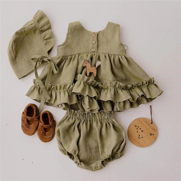 Baby Girl Linen Ruffle Top and Bloomer Shorts Set