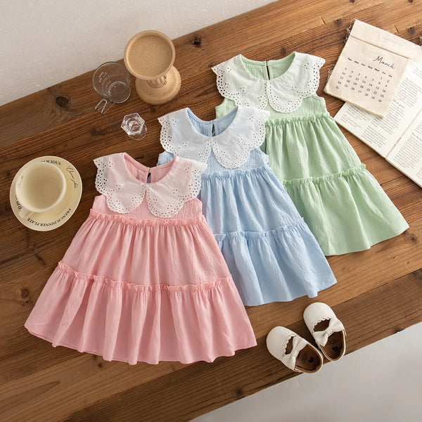 Baby Girl Cotton Sleeveless Dress with Lapel Collar
