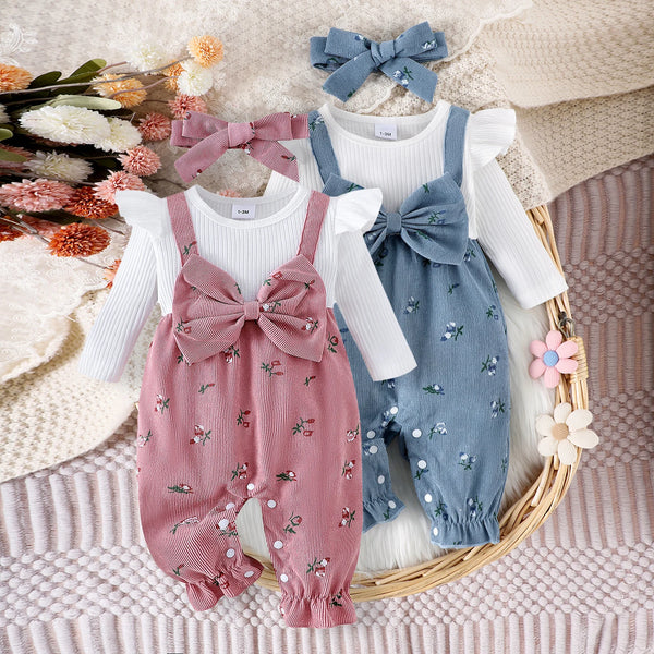 Floral bow cotton romper set with headband, infant girl outfit - Kindle Kids ABC