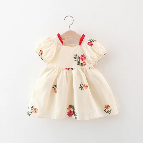 Baby Girls Summer Embroidered Dress – Puff Sleeve Cotton | 6M–3Y - photo 1