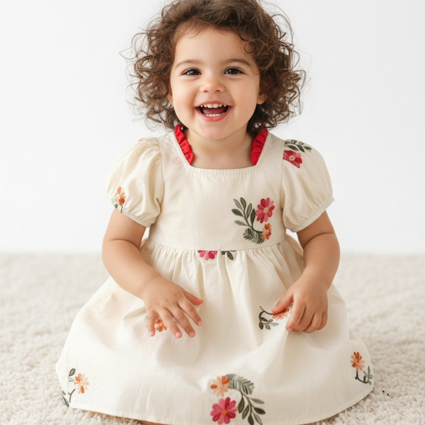 Baby Girls Summer Embroidered Dress – Puff Sleeve Cotton | 6M–3Y - photo 6