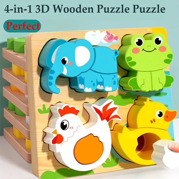 4-in-1 wooden animal puzzle set – Montessori 3D jigsaw for toddlers