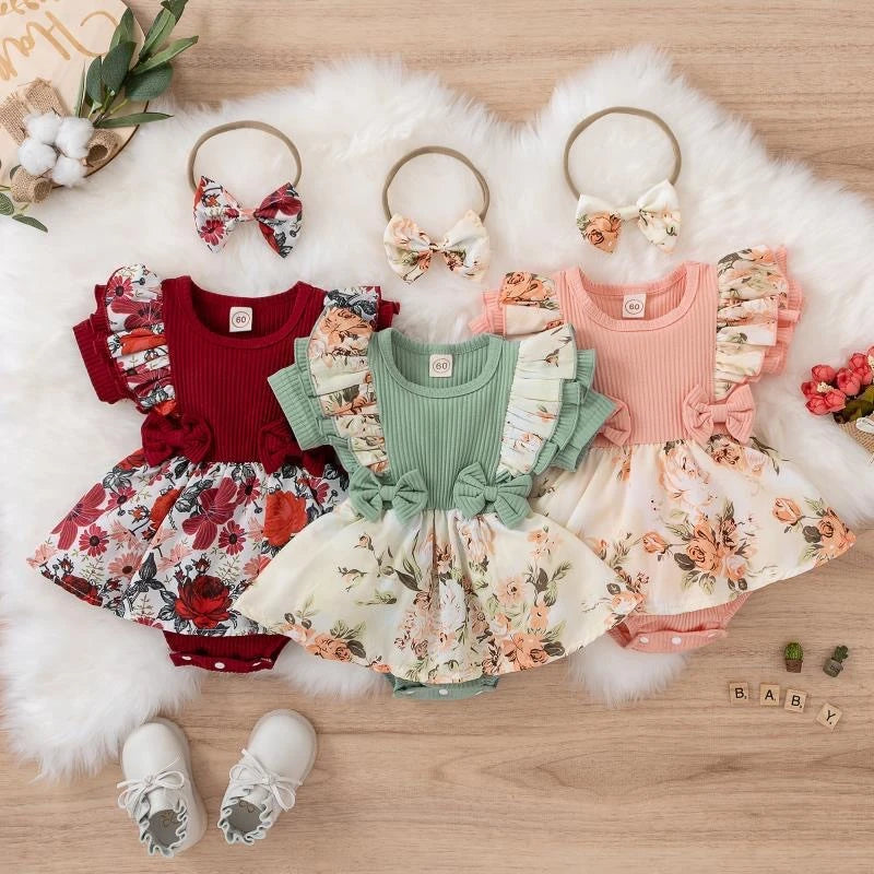 Baby Girl Summer Dress – Floral Striped Jumpsuit with Bowknot | Newborn–18M - photo 1