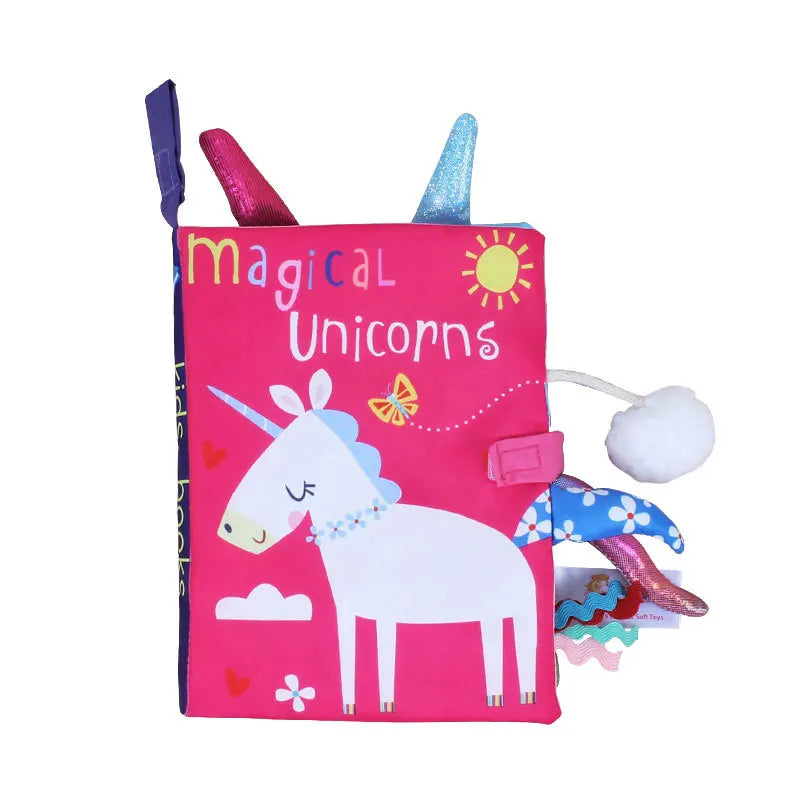 Baby cloth activity book with crinkle pages and rattle
