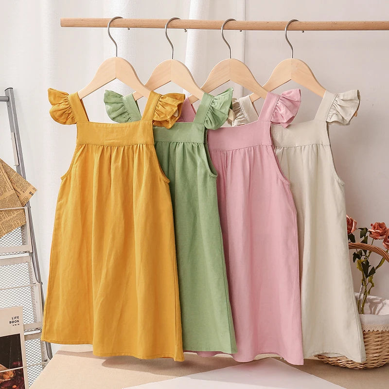 Girls Cotton Linen Sleeveless Button Strap Dress - photo 1