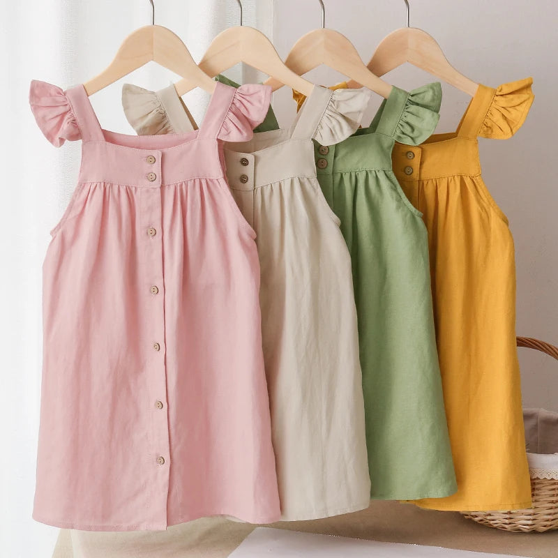 Girls Cotton Linen Sleeveless Button Strap Dress - photo 2