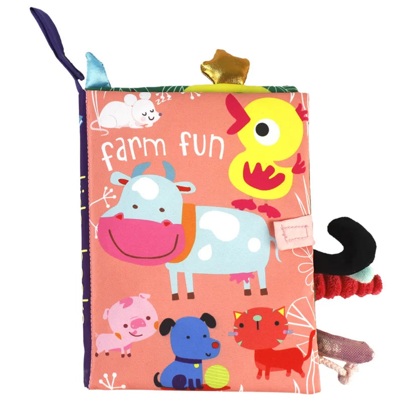 Baby cloth activity book with crinkle pages and rattle