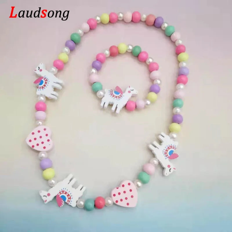 Wooden Unicorn Necklace Bracelet - Cartoon Animal Charms Kids - photo 3