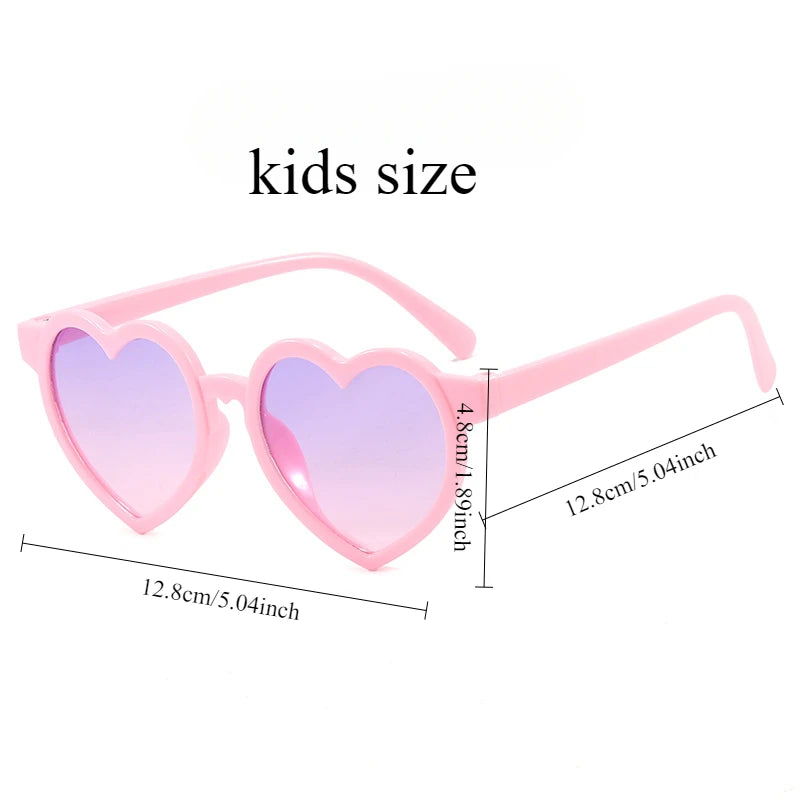 Pink heart-shaped kids sunglasses with size guide