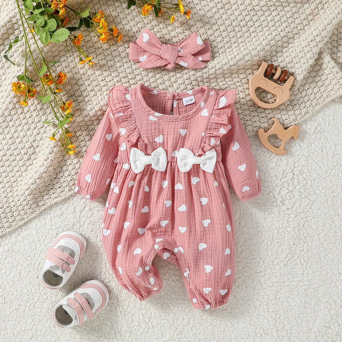 Floral print long-sleeve baby jumpsuit set with headband, newborn girl - Kindle Kids ABC - view 12