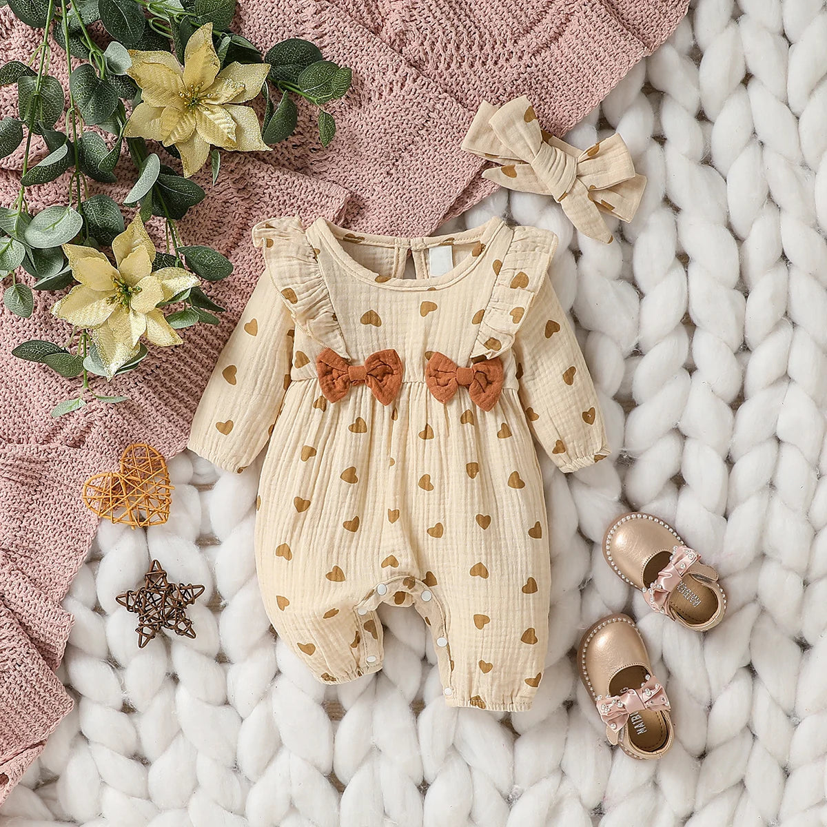 Floral print long-sleeve baby jumpsuit set with headband, newborn girl - Kindle Kids ABC - view 9