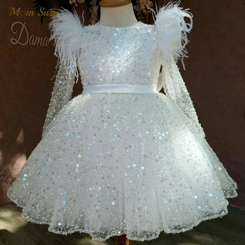 Girls' Sequin Tutu Party Dress with Feather Sleeves - Kindle Kids ABC