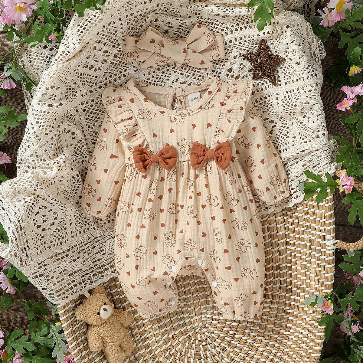 Floral print long-sleeve baby jumpsuit set with headband, newborn girl - Kindle Kids ABC - view 8