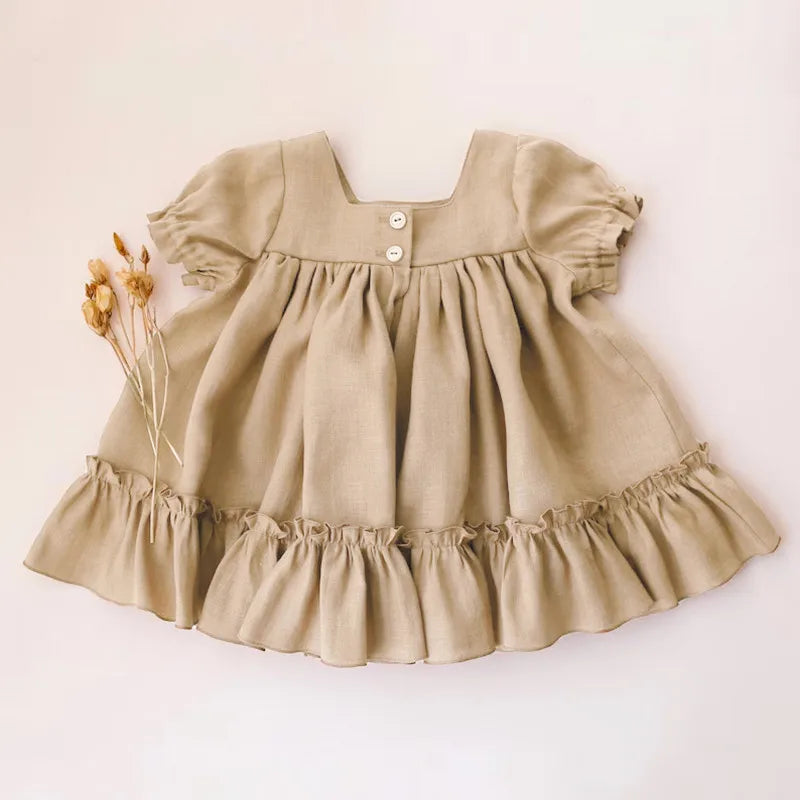 Baby Girls Cotton-Linen Button Dress — Loose Casual | 6M-5Y - photo 2