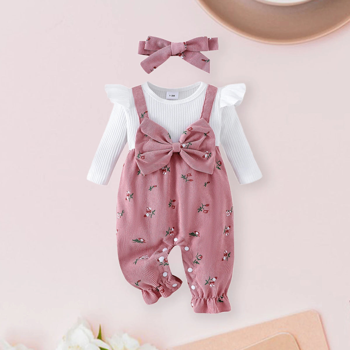 Floral bow cotton romper set with headband, infant girl outfit - Kindle Kids ABC - view 2