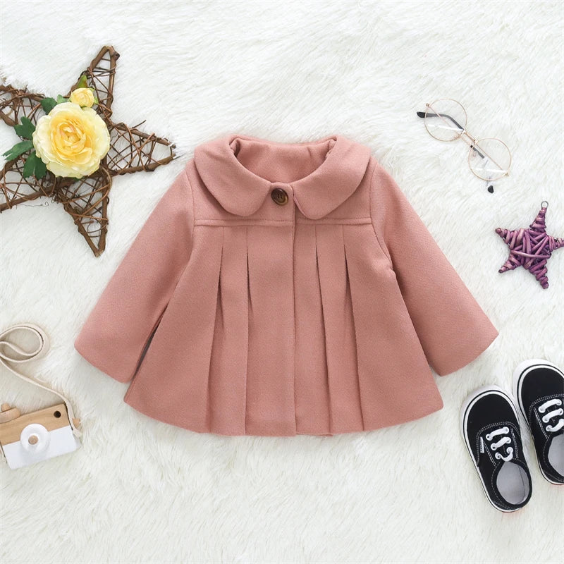 Baby Girls Wool Coat — Peter Pan Collar Pleated Jacket | 3–24M - photo 5