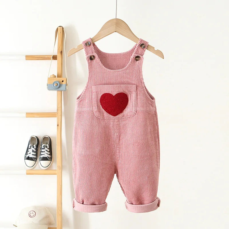 Baby Corduroy Suspender Overalls — Heart Embroidery Bib Pants | 1–7Y