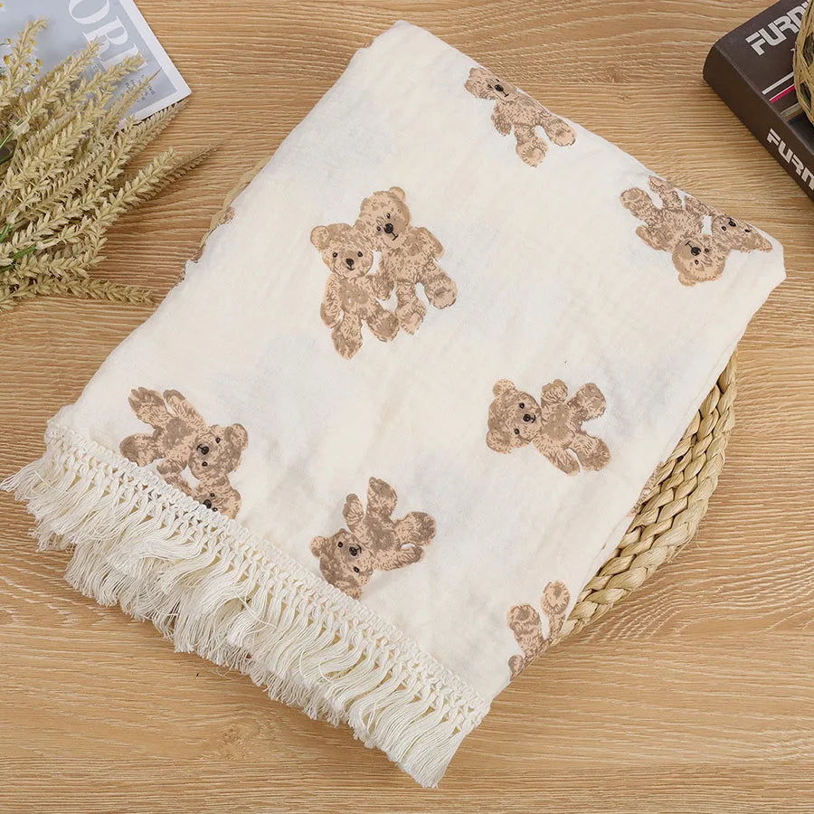 Muslin cotton bear baby blanket with tasselled edges