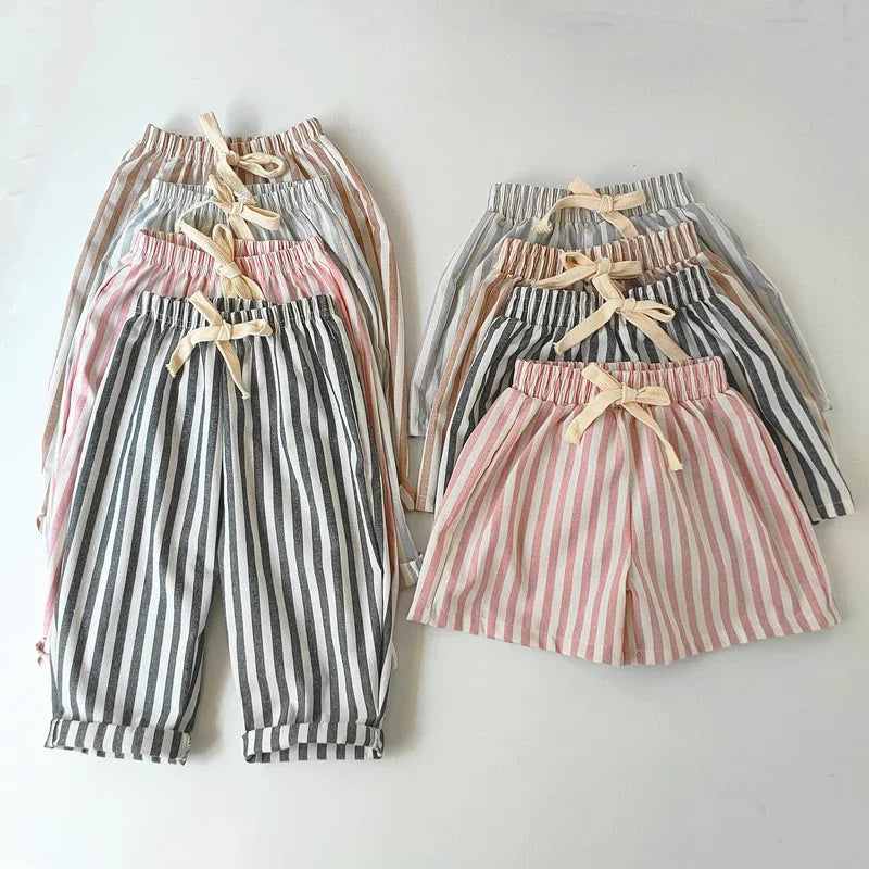 Kids cotton-linen striped summer shorts and trousers