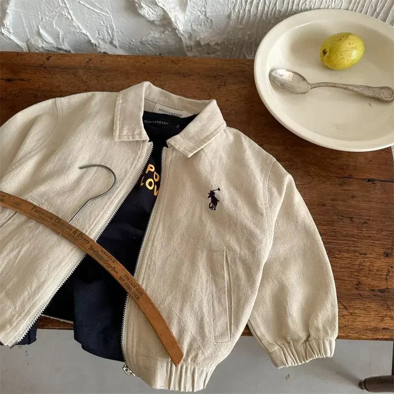 Kids Cotton Embroidered Jacket — Flip-Collar Zip Coat | 2–7Y