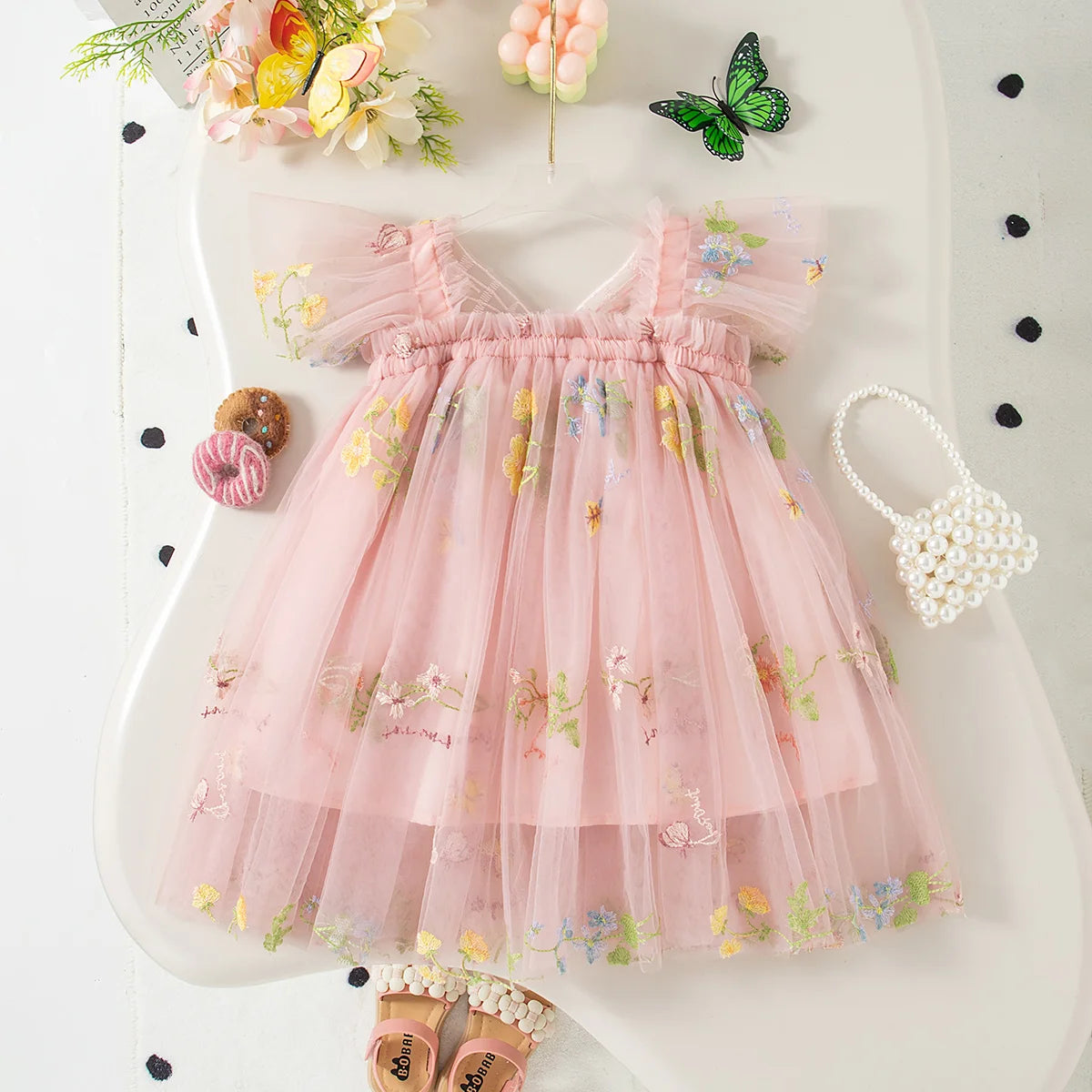 Girls Tulle Floral Embroidered Party Dress