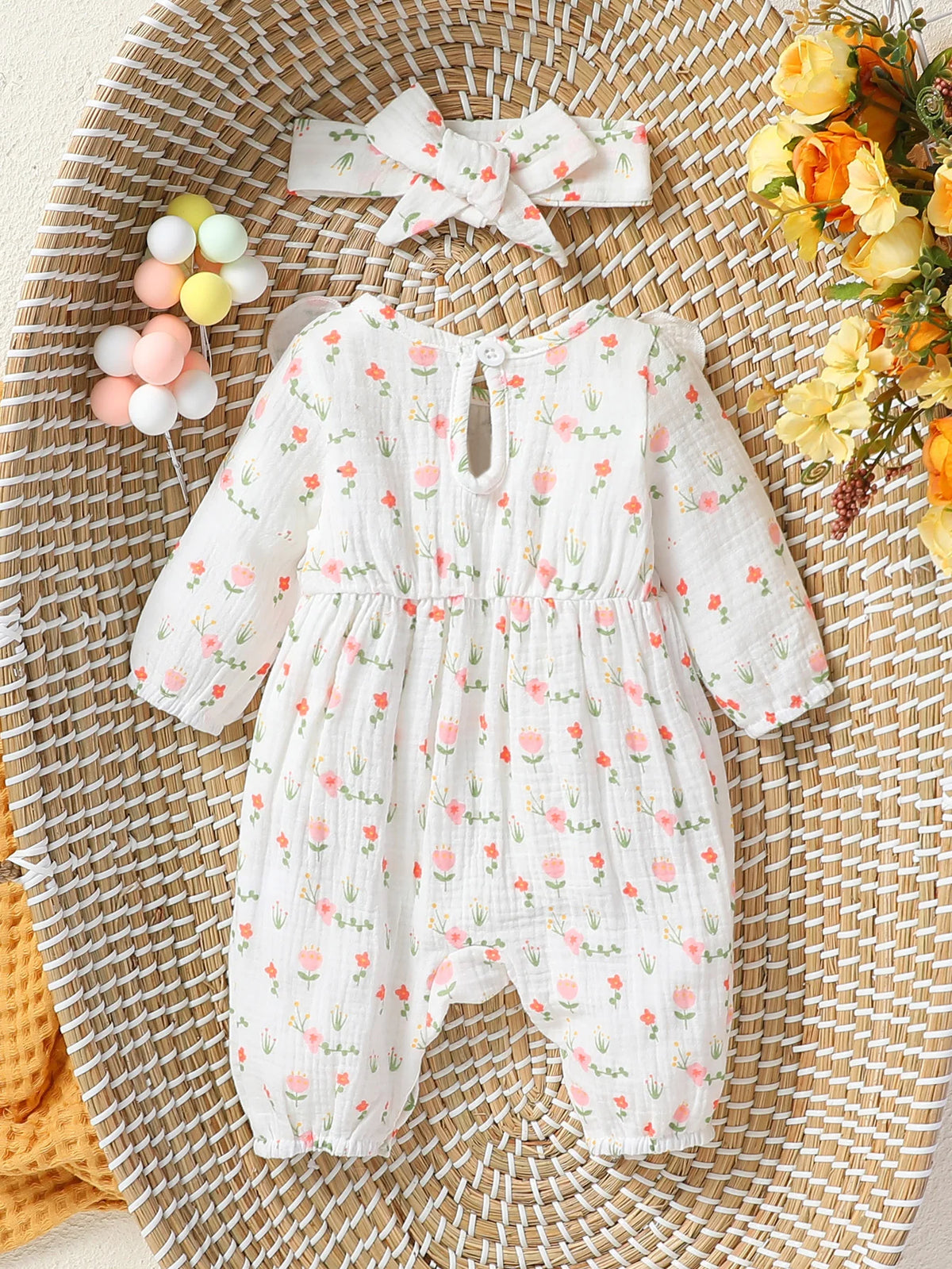Floral print long-sleeve baby jumpsuit set with headband, newborn girl - Kindle Kids ABC - view 2