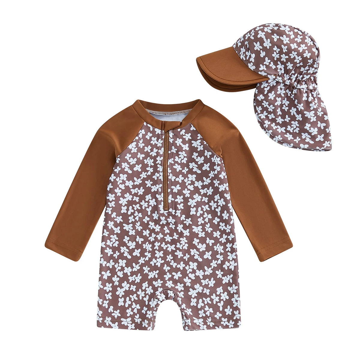 Toddler girl floral swimsuit with matching sun hat - long sleeve UPF rash guard