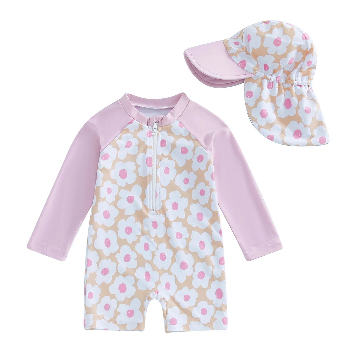 Toddler girl floral swimsuit with matching sun hat - long sleeve UPF rash guard
