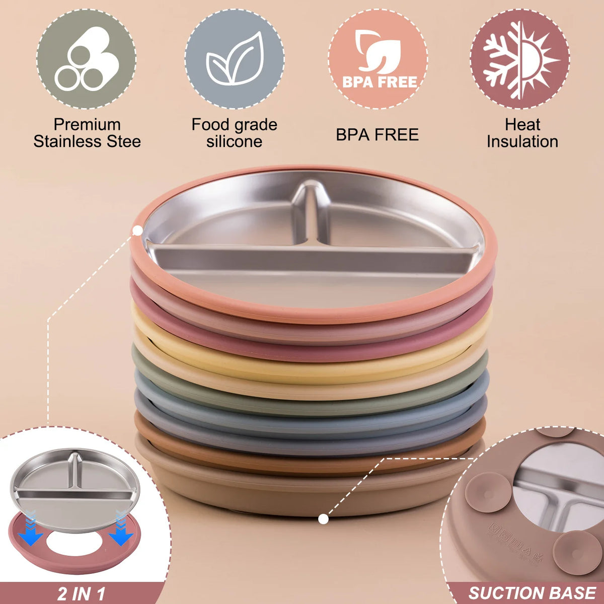 Stainless steel suction plate detachable baby feeding dish
