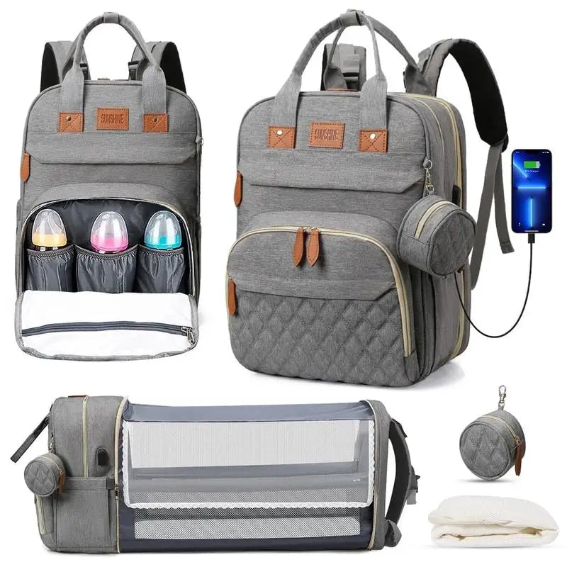 3-in-1 diaper bag backpack foldable travel bag with changing bed