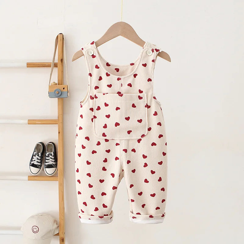 Baby Corduroy Suspender Overalls — Heart Embroidery Bib Pants | 1–7Y