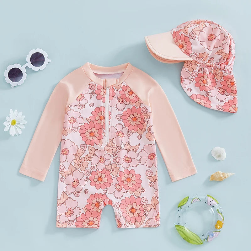 Toddler girl floral swimsuit with matching sun hat - long sleeve UPF rash guard