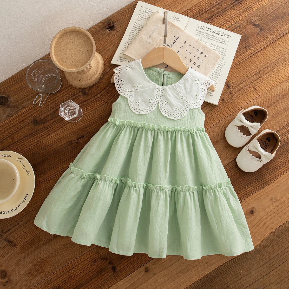 Baby Girl Cotton Sleeveless Dress with Lapel Collar