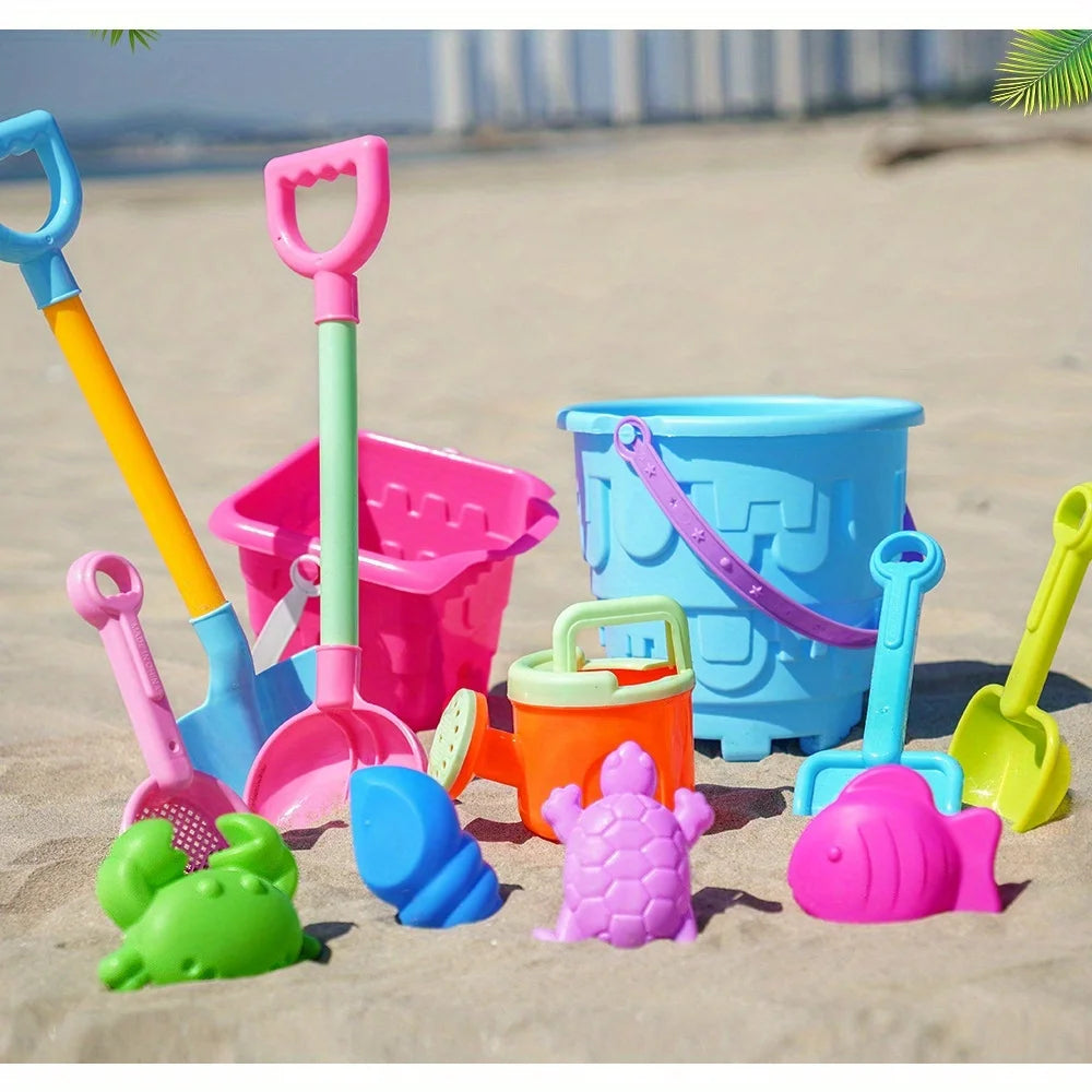 Kids beach sand toy set with bucket and shovels on the sand