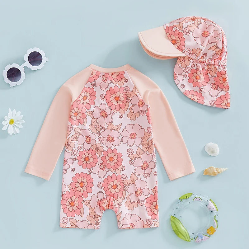 Toddler girl floral swimsuit with matching sun hat - long sleeve UPF rash guard