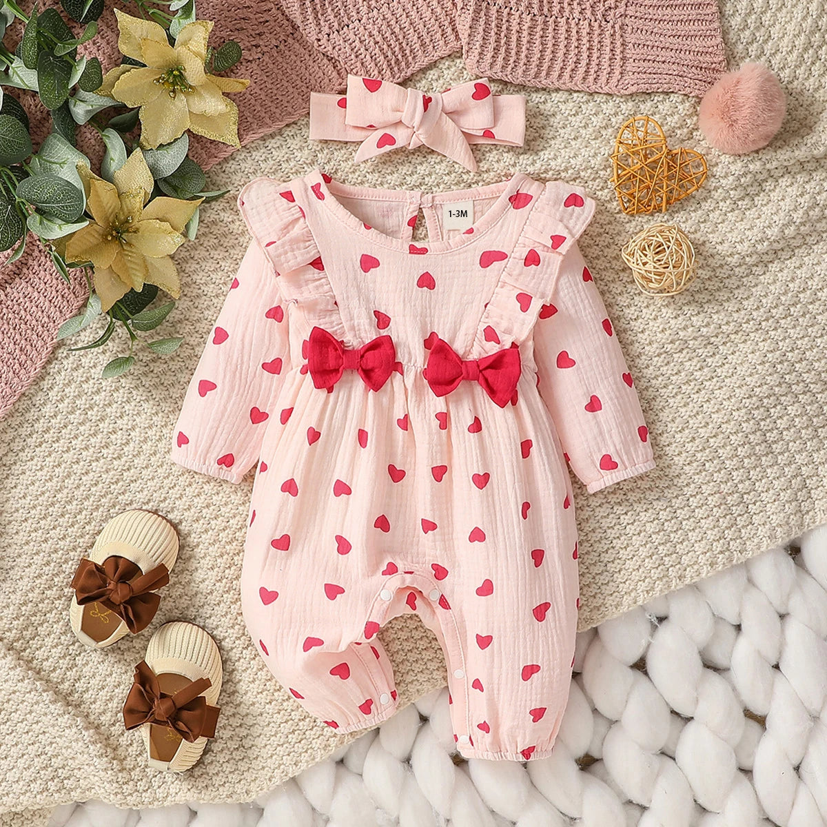 Floral print long-sleeve baby jumpsuit set with headband, newborn girl - Kindle Kids ABC - view 11