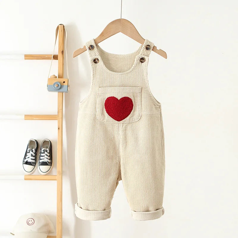 Baby Corduroy Suspender Overalls — Heart Embroidery Bib Pants | 1–7Y