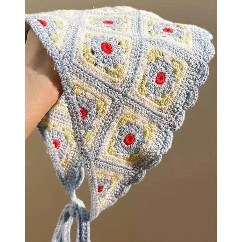 Knit Crochet Triangle Headband — Floral Handmade Scarf | 1–4Y