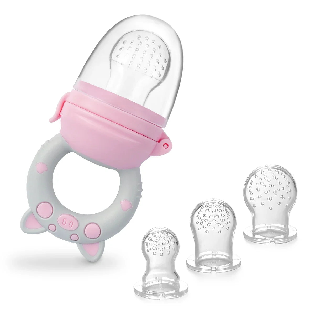 Pink silicone baby fruit and vegetable feeder with sacs