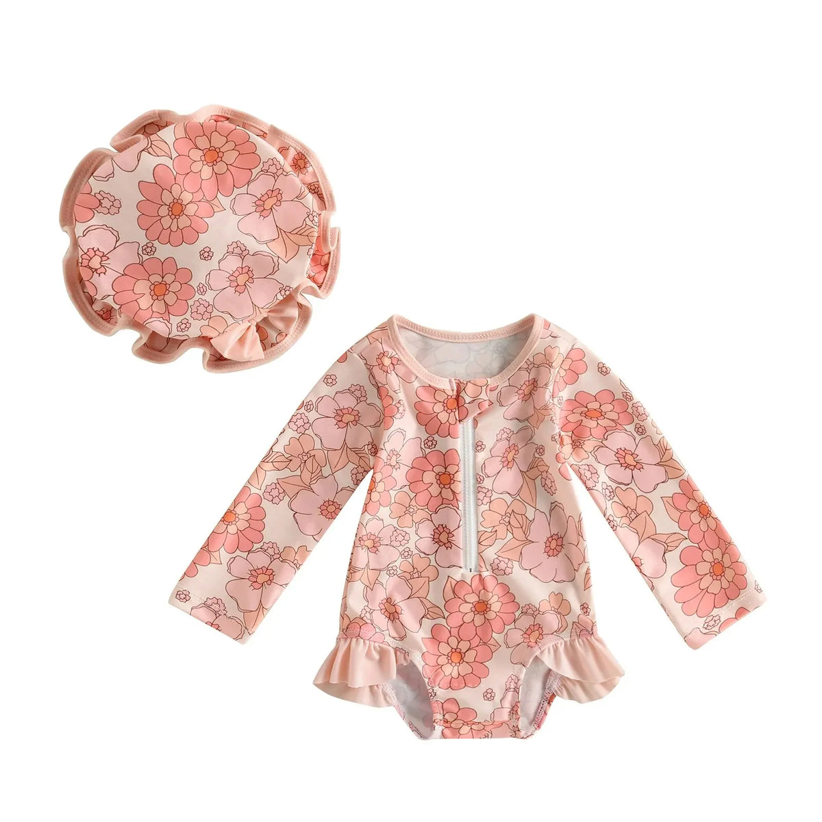Baby girl flamingo print swimsuit jumpsuit with matching headband