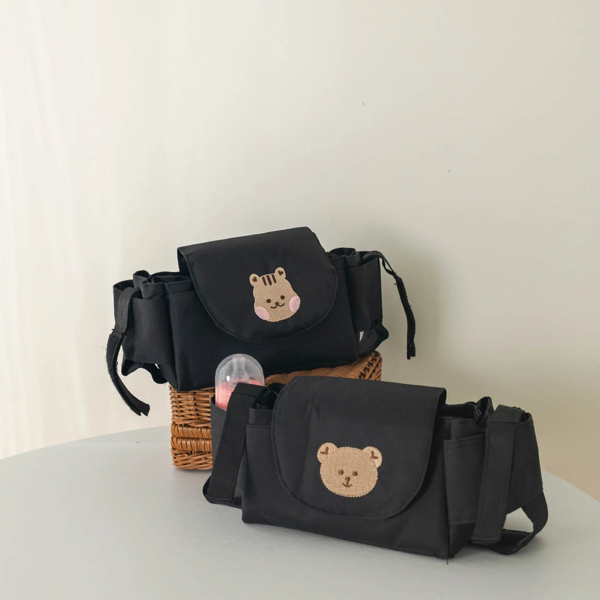 Black stroller organizer with matching pouch
