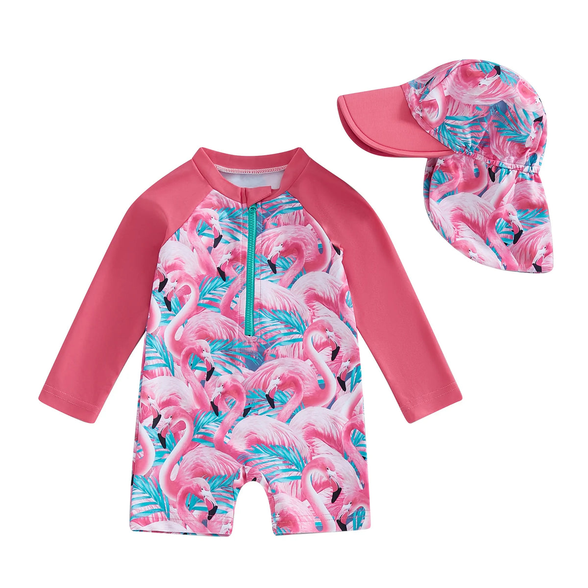 Toddler girl floral swimsuit with matching sun hat - long sleeve UPF rash guard