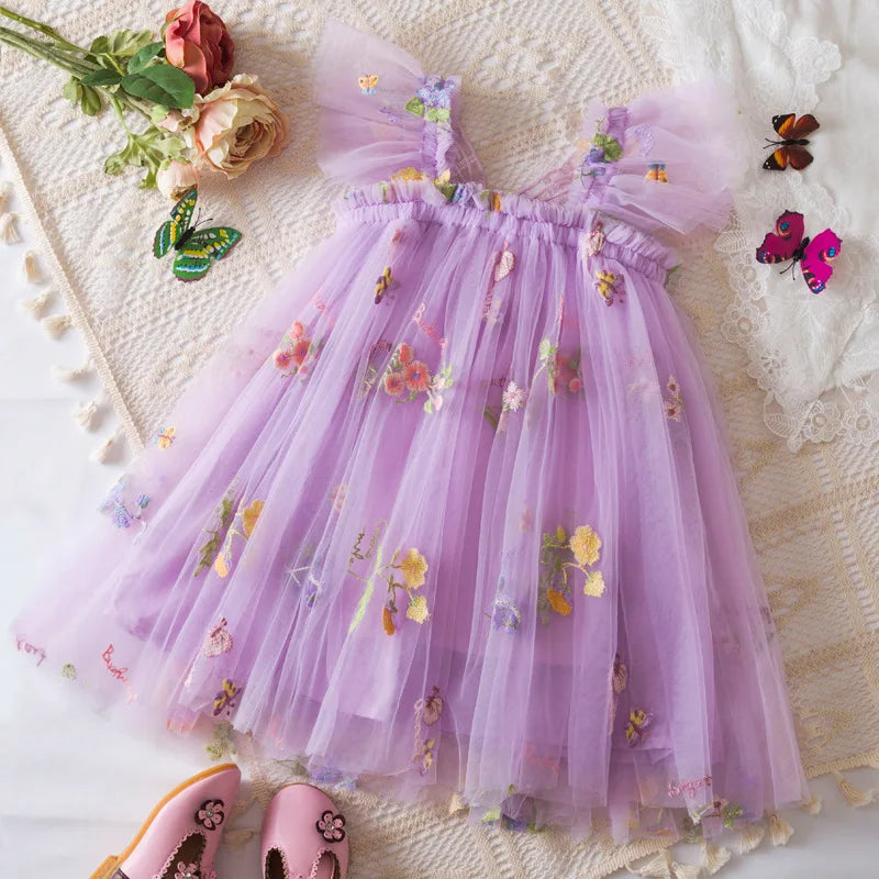 Girls Tulle Floral Embroidered Party Dress
