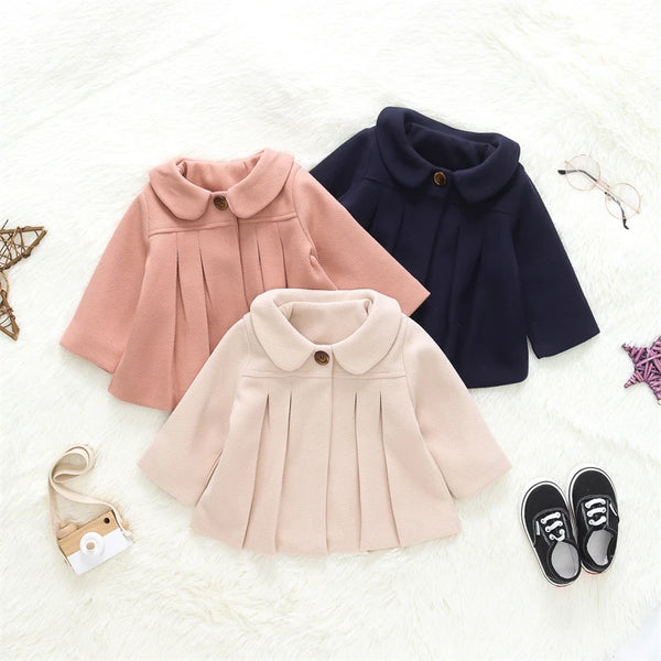 Baby Girls Wool Coat — Peter Pan Collar Pleated Jacket | 3–24M - photo 1