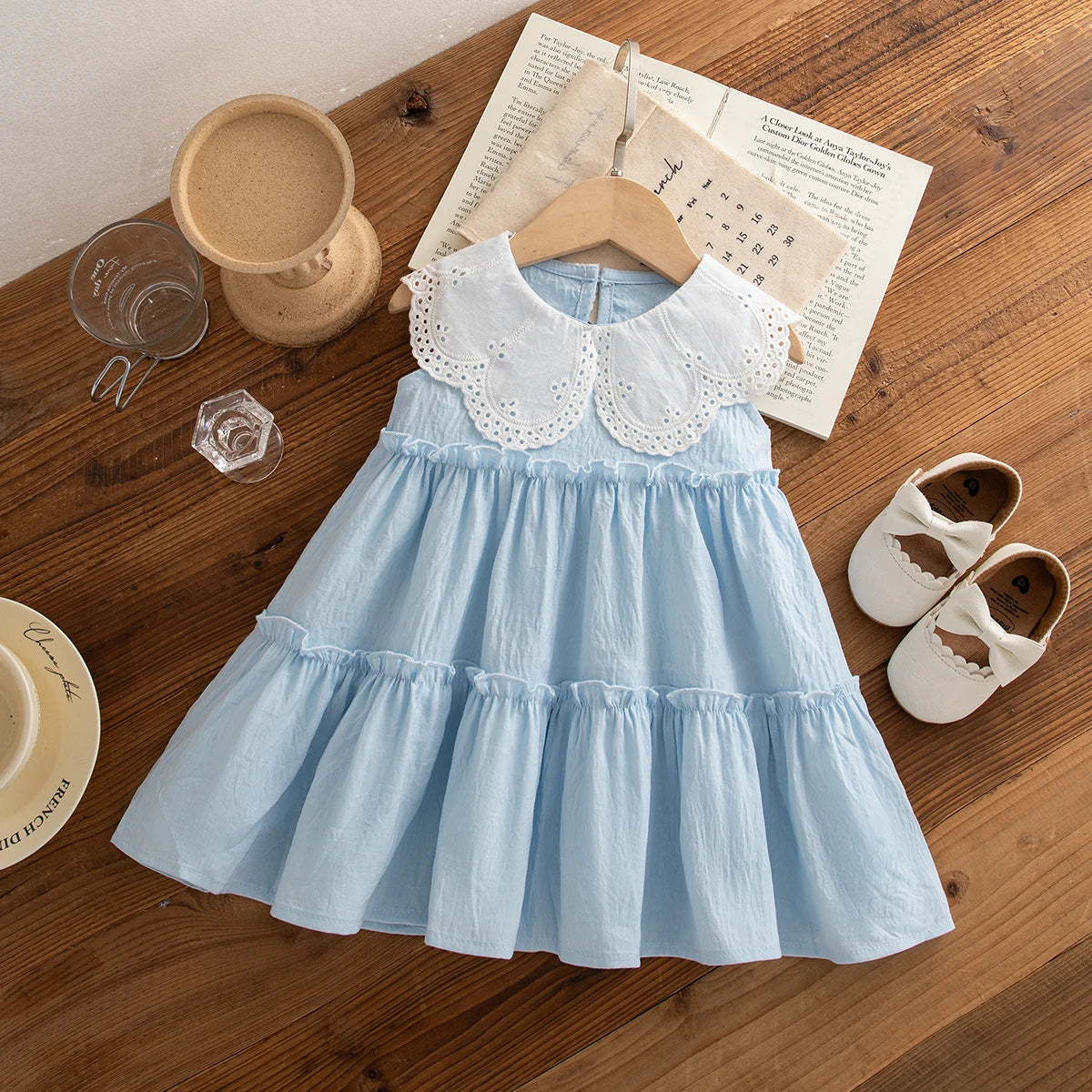 Baby Girl Cotton Sleeveless Dress with Lapel Collar