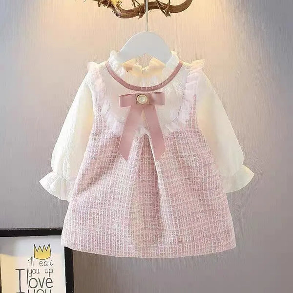 Girls Long Sleeve Cotton Bow Dress – Korean Style Casual | 9M–3Y - photo 1