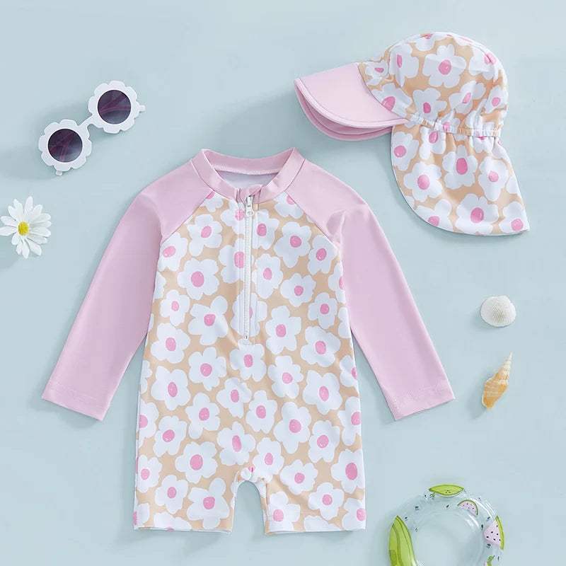 Toddler girl floral swimsuit with matching sun hat - long sleeve UPF rash guard