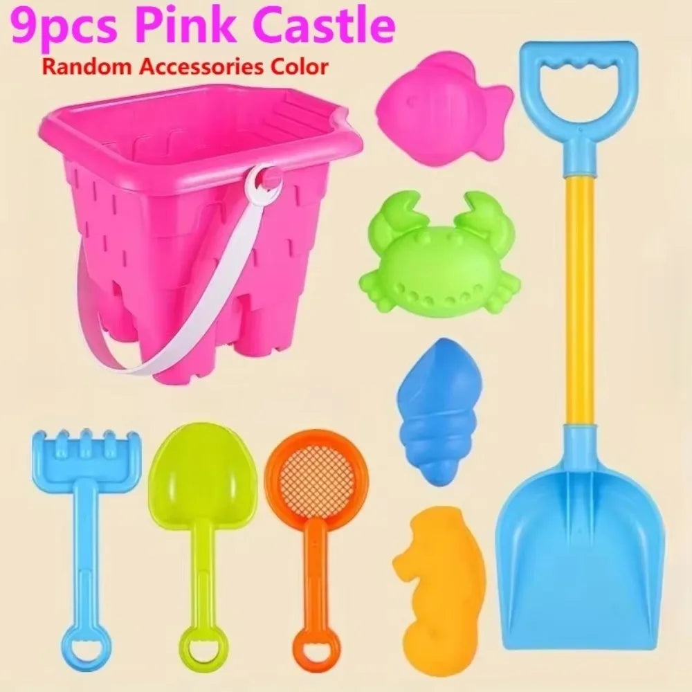 Nine-piece pink castle beach sand toy set