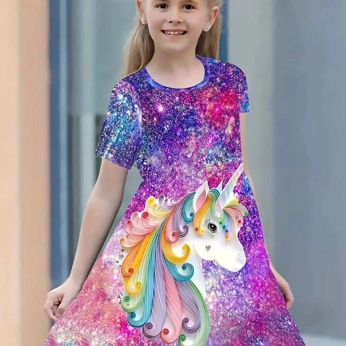 Girl wearing a galaxy unicorn print short-sleeve dress