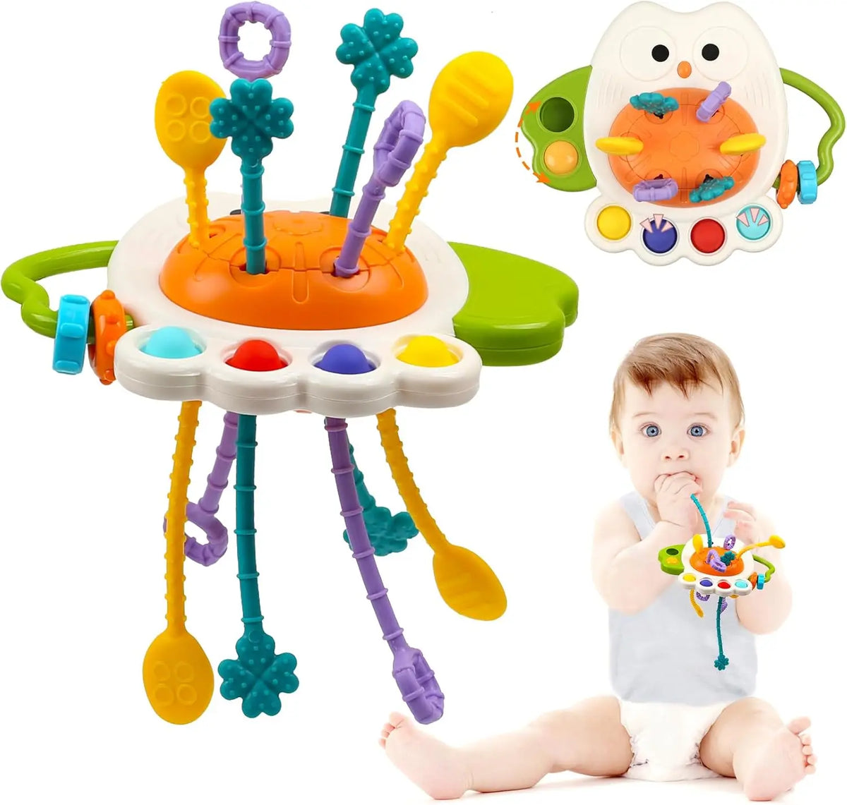 Montessori pull-string sensory teething rattle toy for babies 6-12 months